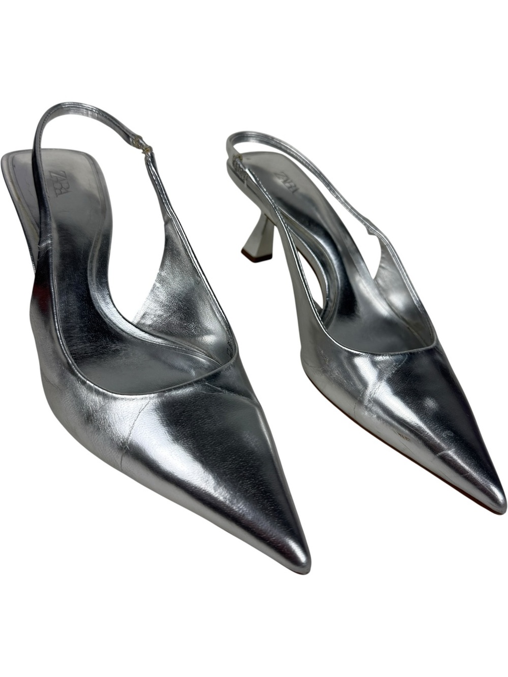 Zara Silver Slingback Pointed Toe Mules - Picture 2 of 7